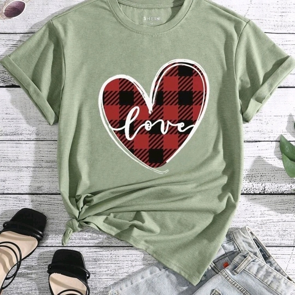 Green Tee with Red Plaid Heart